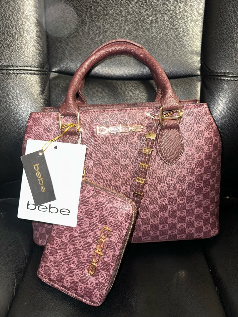 bebe Maroon Satchel with Matching Wallet